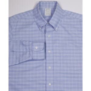 Brooks Brothers Milano Fit Non-Iron Blue White Plaid Dress Shirt 15.5-32